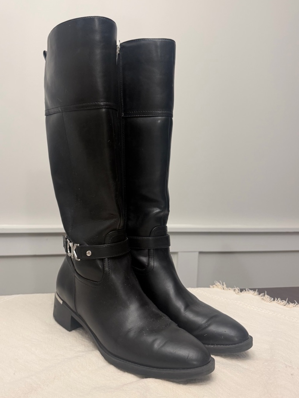Calvin Klein Knee High Boots • Black Leather • CK Logo Strap • Size 9